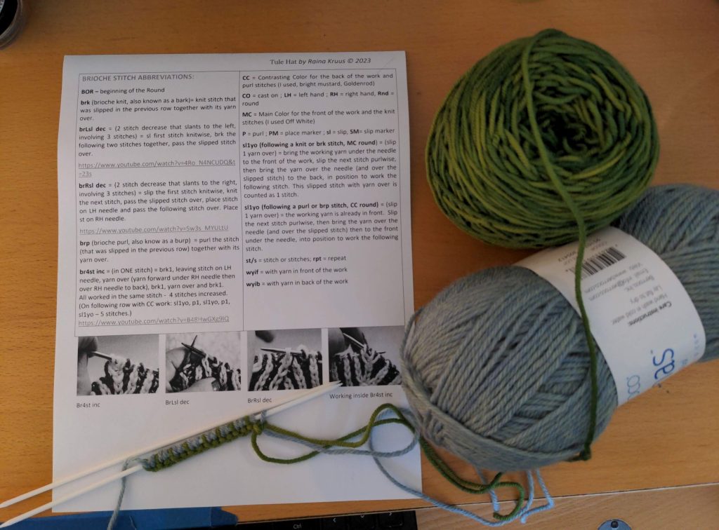 knitting needles and yarn on printed instructions